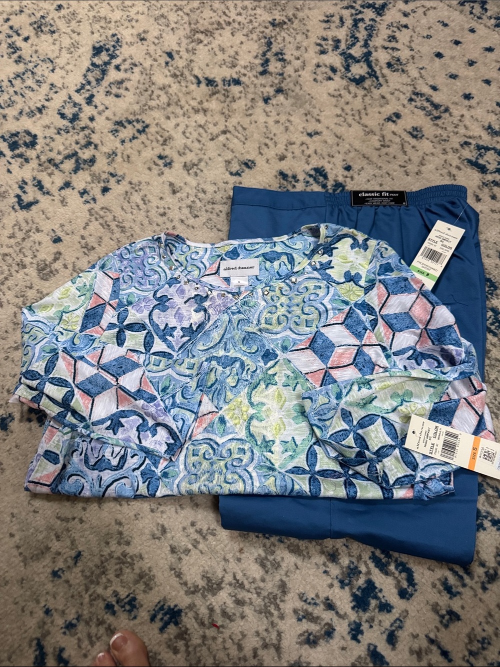 Alfred Dunner Pastel Tile-Print Top with Blue Pants
